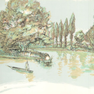 Litografia a colori corso acqua fluviale barca