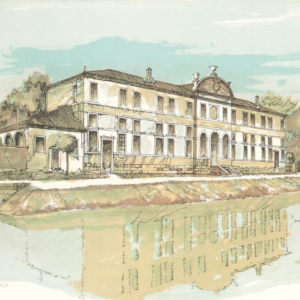 Litografia a colori casa su fiume brenta opera quadro