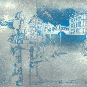Acquaforte-acquatinta Venezia colore blu gabbiani opera d'arte