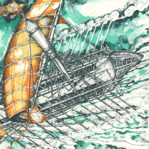 Litografia barca veliero mare Francesco Lucianetti